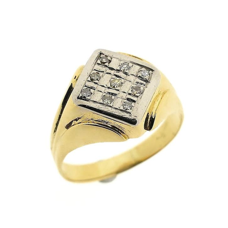 Bicolor gouden zegelring met diamant 0,09 ct., Bijoux, Sacs & Beauté, Bagues, Enlèvement ou Envoi