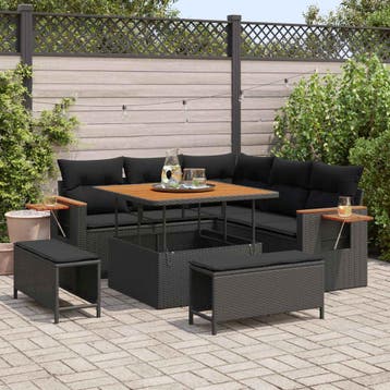 vidaXL Tuinbank Set 9 st 8-Aantal zitplaatsen Zwart poly, Verzenden, Nieuw
