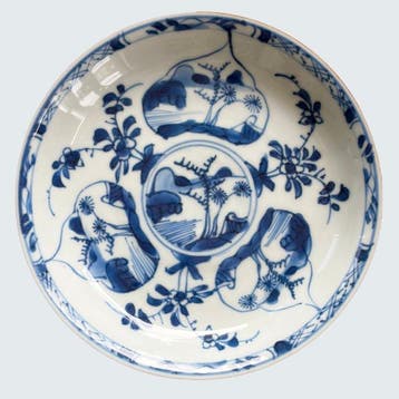 Plat (5) - Set van 5 blauwwitte Kangxi schotels bruin, Antiquités & Art