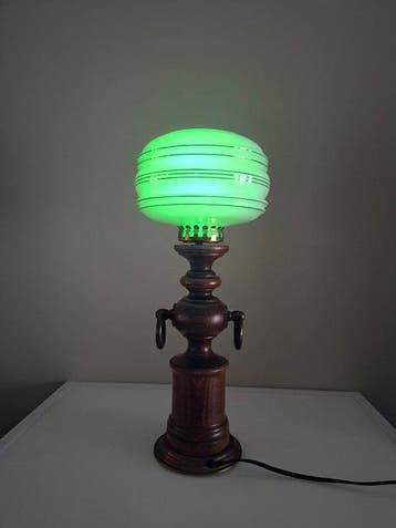 Art-Deco - Lamp - Hout, Messing - Uranium-Opaline 1930-40