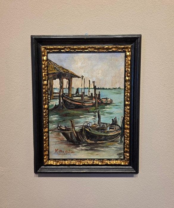Europese school (XX) - Barche dei pescatori al porto, Antiquités & Art, Art | Peinture | Classique