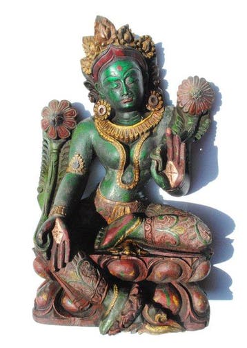 Statue de Tara Bouddha en bois finement sculptée 28,5 cm, Antiquités & Art