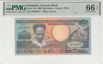 1988 Suriname 250 Gulden Pick 134 Pmg Gem Unc 66 Epq, Verzenden, België