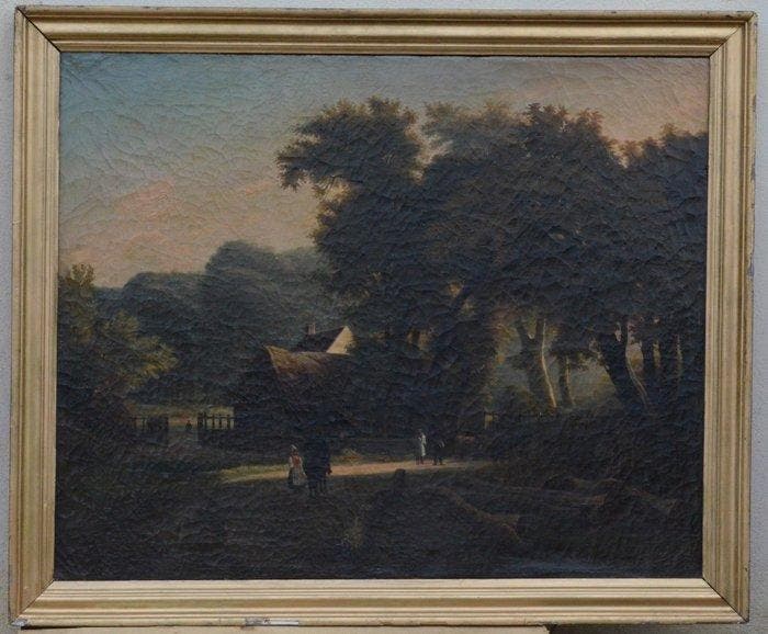 Franse school (XIX) - Paysage animé à la chaumière, Antiquités & Art, Art | Peinture | Classique