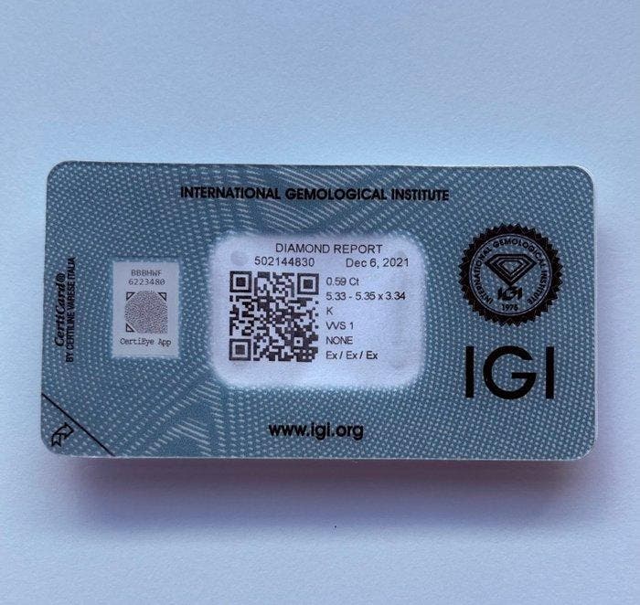 1 pcs Diamant (Natuurlijk) - 0.59 ct - Rond - K - VVS1 -, Handtassen en Accessoires, Edelstenen