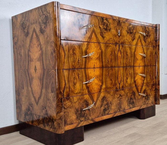 Comò Art Déco Museale Veneziano 1930 - Ladekast - Olijfhout, Antiek en Kunst, Antiek | Meubels | Stoelen en Sofa's