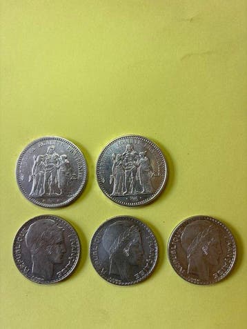 France. Lot de 5 monnaies en argent, 1873/1965 (Sans prix de