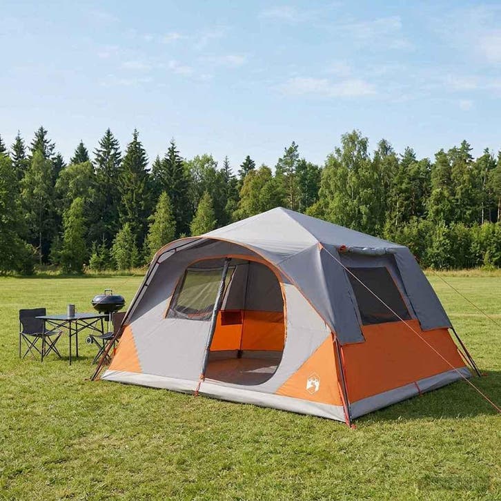 vidaXL Directe Tent met dak Grijs en Oranje 365 x 280 x 200, Caravanes & Camping, Tentes, Envoi