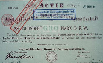 Duitsland. Actie Jagdschlösschen Brauerei AG 600 Mark
