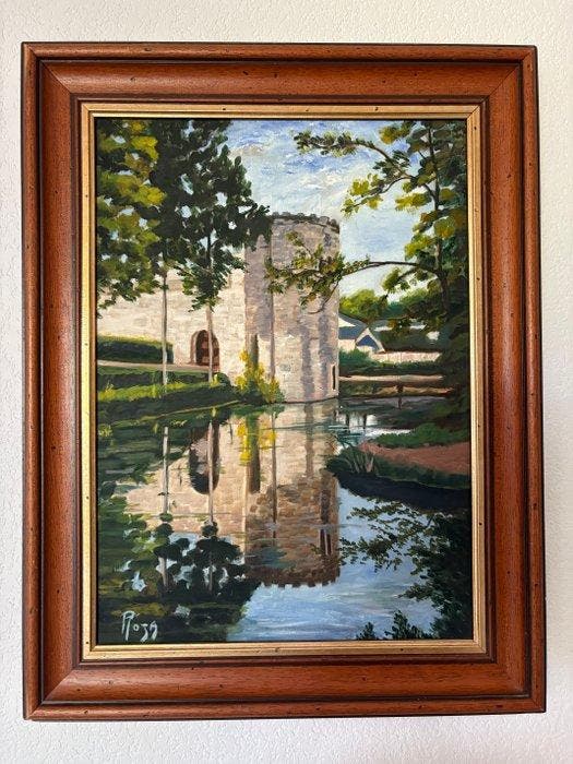École Française (XX), Signé Roja - Château et reflet, Antiek en Kunst, Kunst | Schilderijen | Klassiek