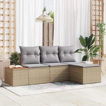 vidaXL Tuinbank Set 4 st Beige en Lichtgrijs Poly Riet, Verzenden, Nieuw