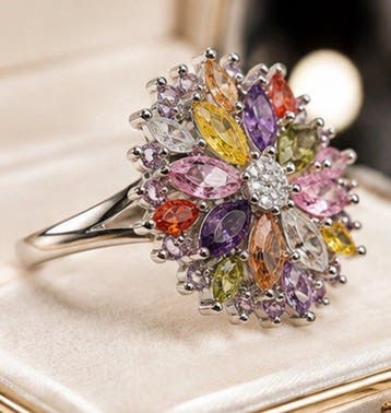 925 sterling zilveren multicolor bloem-statementring - Ring, Nieuw