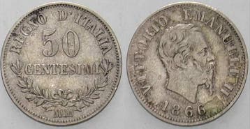 50 Centesimi 1866 M Bn Italien-koenigreich Vittorio Emanu..., Verzenden, België