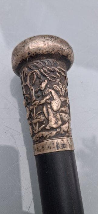 Wandelstok - Chinees antiek circa 1880 - ebbenhout, Zilver -