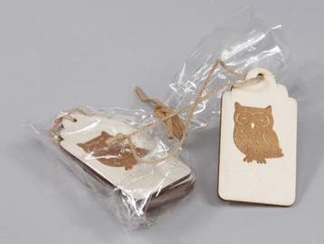 Houten Labels 5 x 8 cm met Uil 6 stuks, Nieuw