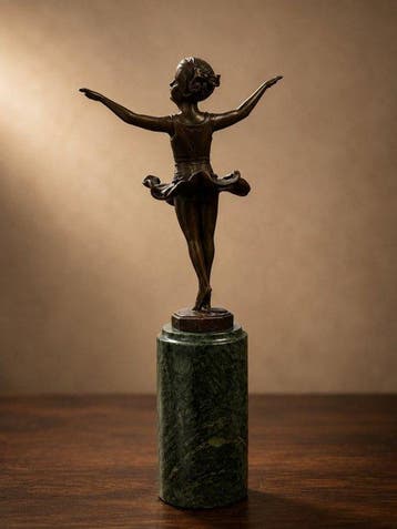 sculptuur, Art Deco ballerina – groen marmeren sokkel - 31.8