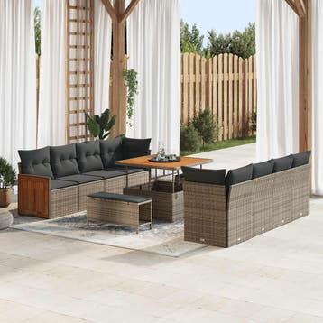 vidaXL Tuinbank Set 11 pcs Grijs Poly Rattan en Poedergecoat, Verzenden