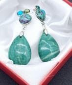 Zilver, Peruaanse jade, amazoniet, turkoois - Oorbellen, Verzamelen, Mineralen en Fossielen