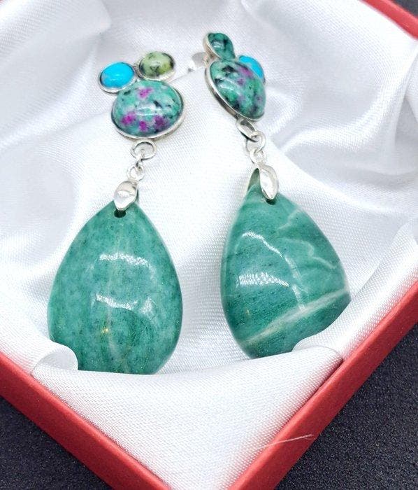 Zilver, Peruaanse jade, amazoniet, turkoois - Oorbellen, Verzamelen, Mineralen en Fossielen