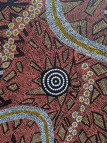 Aborigijnse stippen schilderij – in klassieke Papunya-stijl, Antiek en Kunst