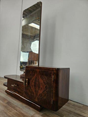 Kabinet - Toilette Art Deco in walnotenfineer met spiegel -