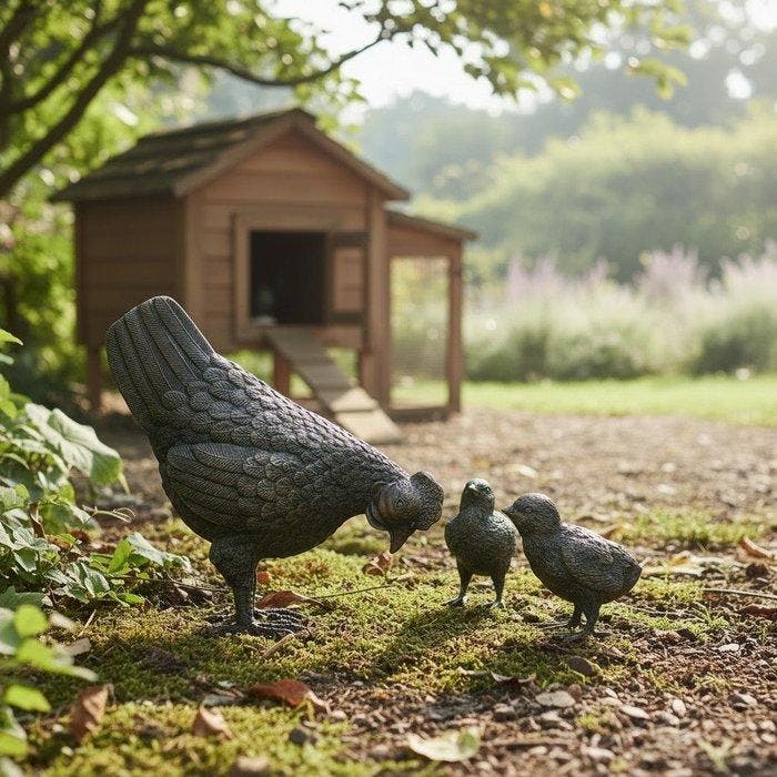 sculptuur, Hen with Chicks - 32 cm in length - 21 cm - Brons, Antiquités & Art, Curiosités & Brocante