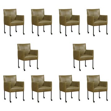 Set van 10 Leren eetkamerstoelen Desire - Vintage Olive, Ophalen of Verzenden, Nieuw, Leer, Eén
