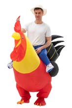KIMU® Opblaas Kostuum Zittend op Haan Rood Geel Opblaasbaar, Ophalen of Verzenden