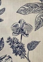 Stof Chinoiserie in blu op geruit katoen met linnenachtige