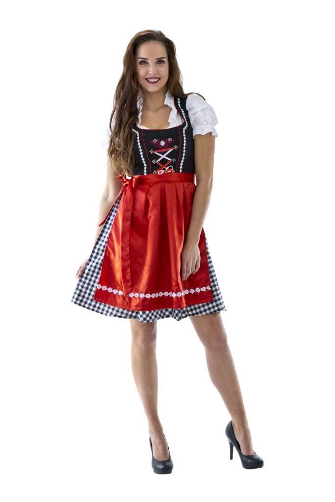 Dirndl zwart-wit geruit, rood schort, Hobby en Vrije tijd, Feestartikelen, Nieuw, Verzenden