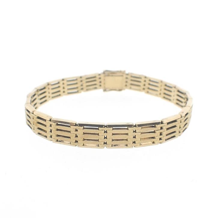 Gouden heren fantasie schakelarmband., Handtassen en Accessoires, Armbanden, Overige kleuren, Gebruikt, Goud, Ophalen of Verzenden