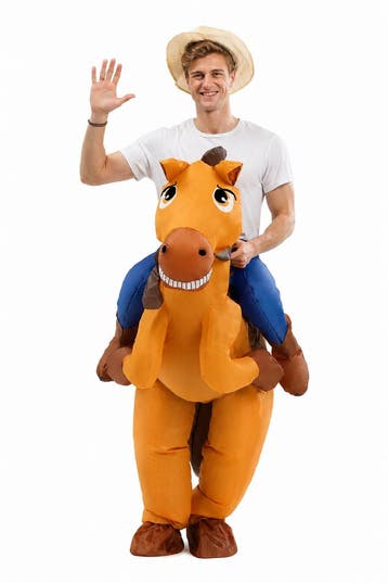 KIMU® Opblaas Kostuum Zittend Op Paard Cowboy Opblaasbaar Pa, Ophalen of Verzenden, Nieuw