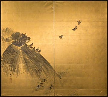 Un paravent japonais à deux panneaux en sumi-e, ornée de, Antiek en Kunst