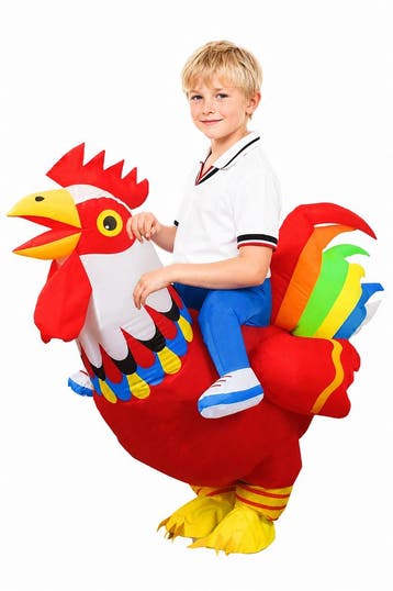 KIMU® Opblaas Kostuum Kinderen Zittend op Kip Rood Regenboog, Ophalen of Verzenden