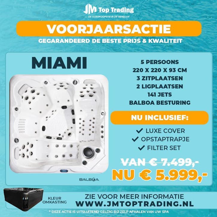 ACTIE Jacuzzi balboa  miami 220X220 141 JETS vol opties, Tuin en Terras, Bubbelbaden en Hottubs, Vast, Nieuw, Afdekzeil, Filter