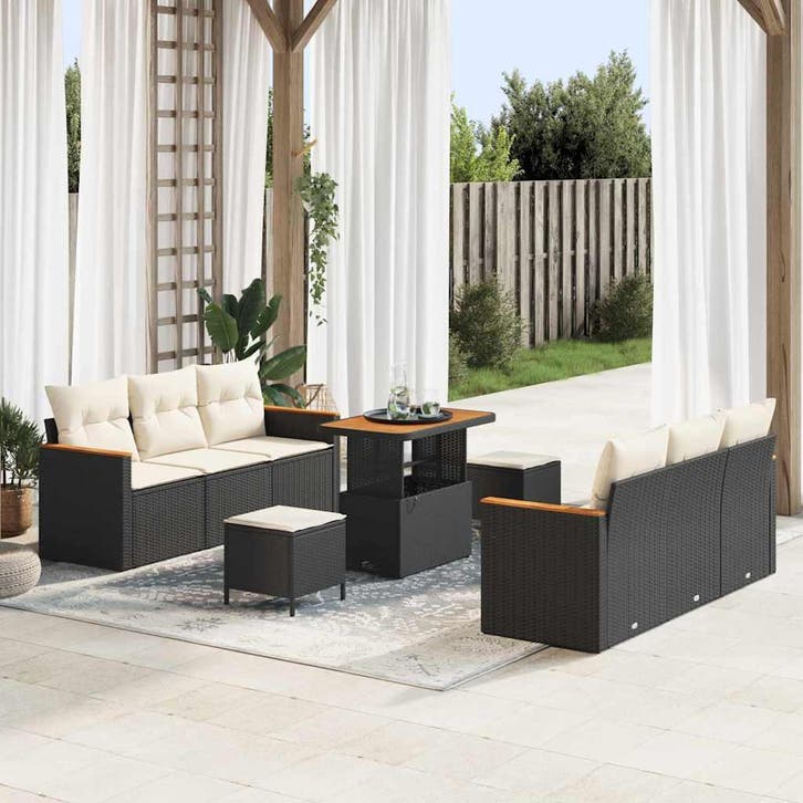 vidaXL Tuinbank Set met kussen 11 pcs Zwart en Crème poly, Jardin & Terrasse, Ensembles de jardin, Envoi