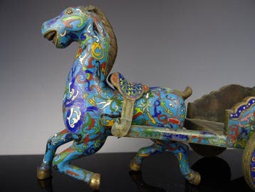 Cloisonné paard met wagen - Bronze - Chine