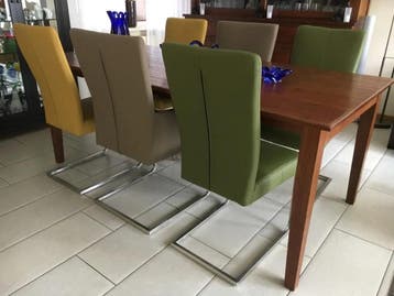 Set van 6 kleuren mix leren eetkamerstoelen met sledepoot, Huis en Inrichting, Ophalen of Verzenden, Nieuw, Eén