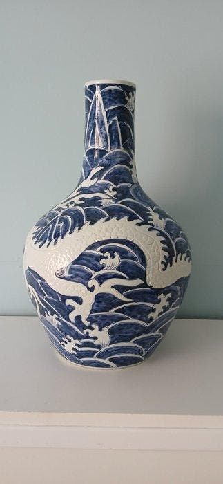 Mid century modern - large ceramic vase blue and white, Antiek en Kunst
