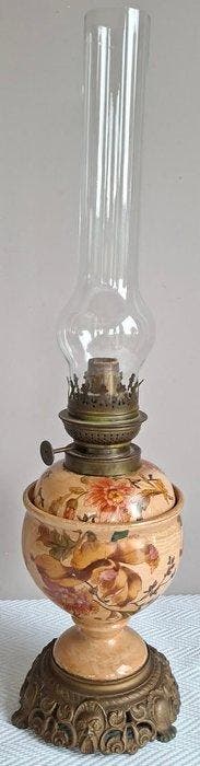 H.S. - Lampe à pétrole - Laiton, Verre, Céramique, Bronze