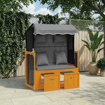vidaXL Strandstoel met kussen poly rattan en hout zwart en, Tuin en Terras, Verzenden, Nieuw