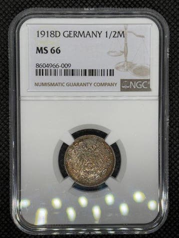 Duitsland, keizerrijk 1/2 Mark 1918D NGC MS66 (Zonder