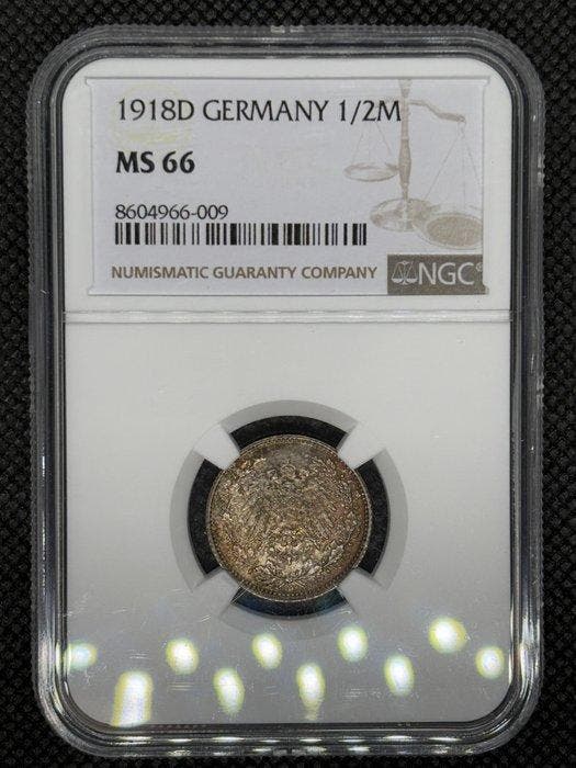 Duitsland, keizerrijk 1/2 Mark 1918D NGC MS66 (Zonder, Postzegels en Munten, Munten | Europa | Niet-Euromunten