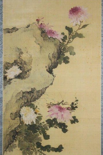 Très belle peinture « Chrysanthemum And Mantis », signée —