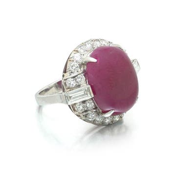 Ring Platina - Platina Birmaanse cabochon robijn en, Handtassen en Accessoires, Ringen, Nieuw