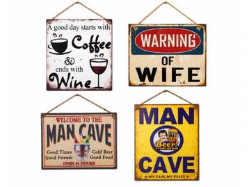 Veiling - Mancave Metalen Wandborden Set 4-delig, Huis en Inrichting, Nieuw