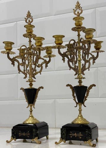 Candélabre (2) - Laiton doré, Bronze doré, Marbre de Carrare, Antiquités & Art