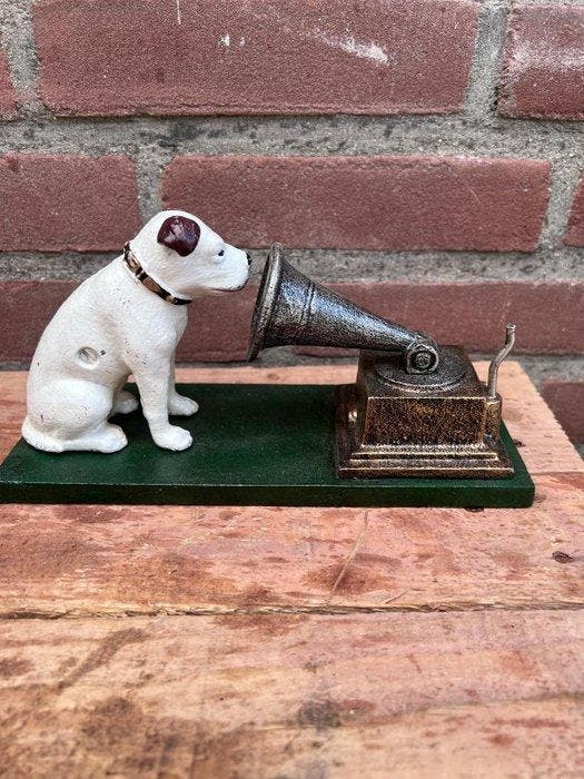 Decoratief ornament - Hond met grammofoonspeler, Antiquités & Art, Curiosités & Brocante