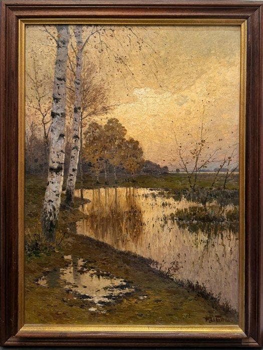 Max Fritz (1849-1913) - Crépuscule sur létang - Les, Antiek en Kunst, Kunst | Schilderijen | Klassiek