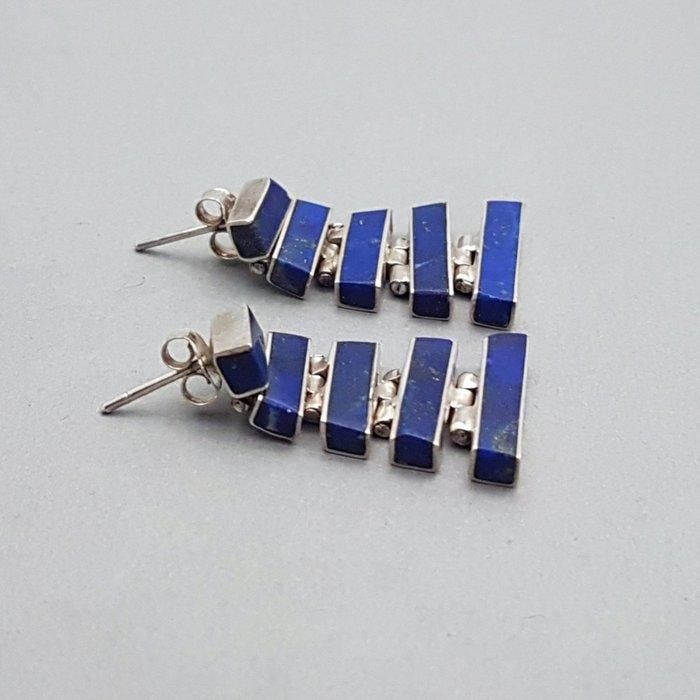 Zilver, Art Deco, Lapis Lazuli - Oorbellen, Antiek en Kunst, Kunst | Designobjecten